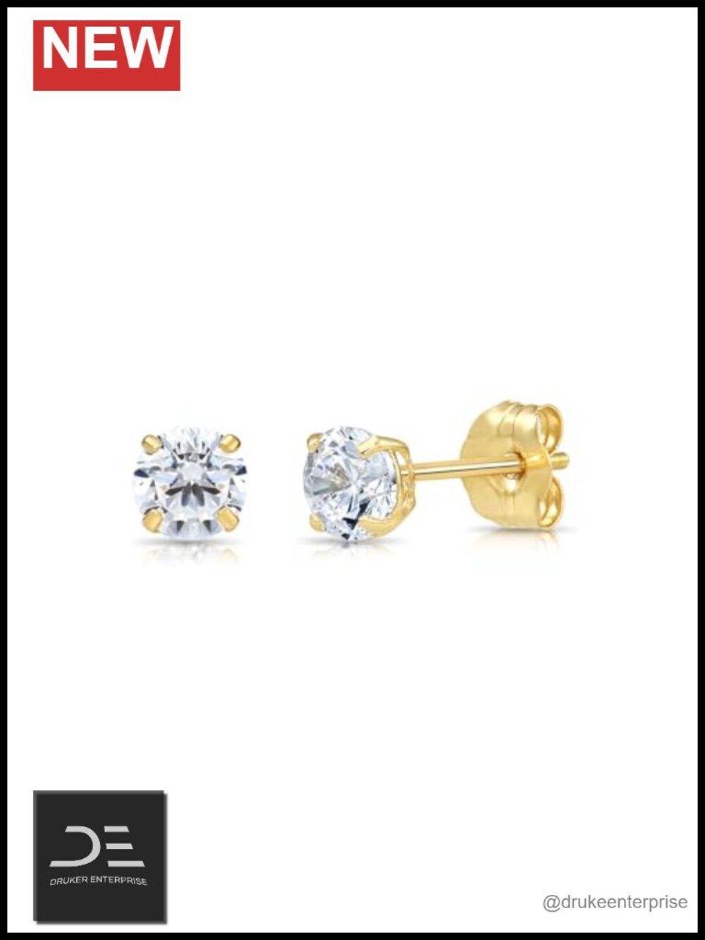 10K Solid Gold Solitaire Round CZ Stud Earrings Push Back Unisex